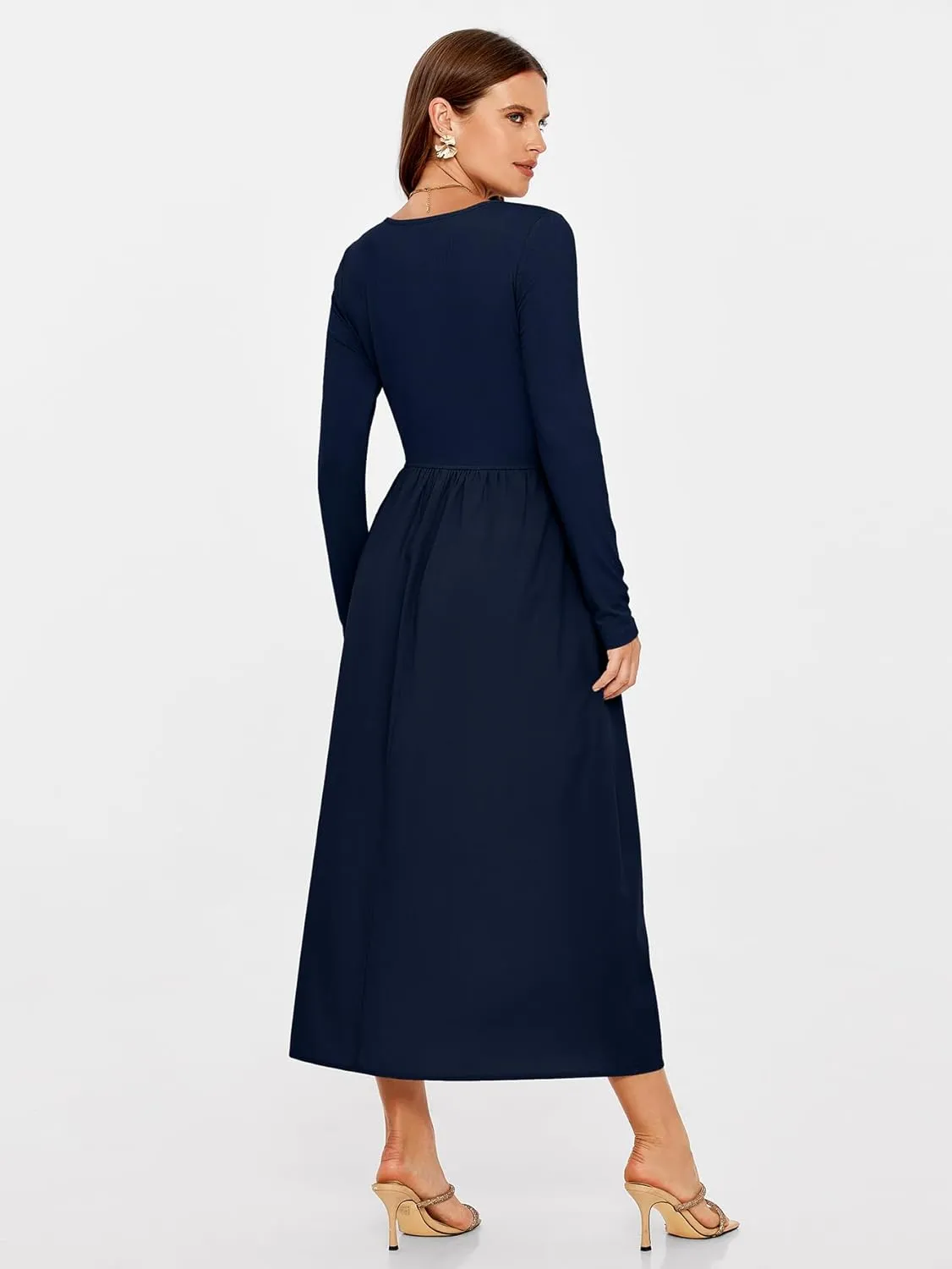 Glamaker Womens Long Sleeve Midi Dress 2025 Spring Wedding Guest Dress Casual HOCO A Line Holiday Dress with Pockets