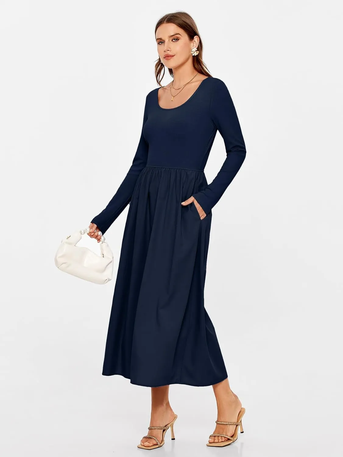 Glamaker Womens Long Sleeve Midi Dress 2025 Spring Wedding Guest Dress Casual HOCO A Line Holiday Dress with Pockets