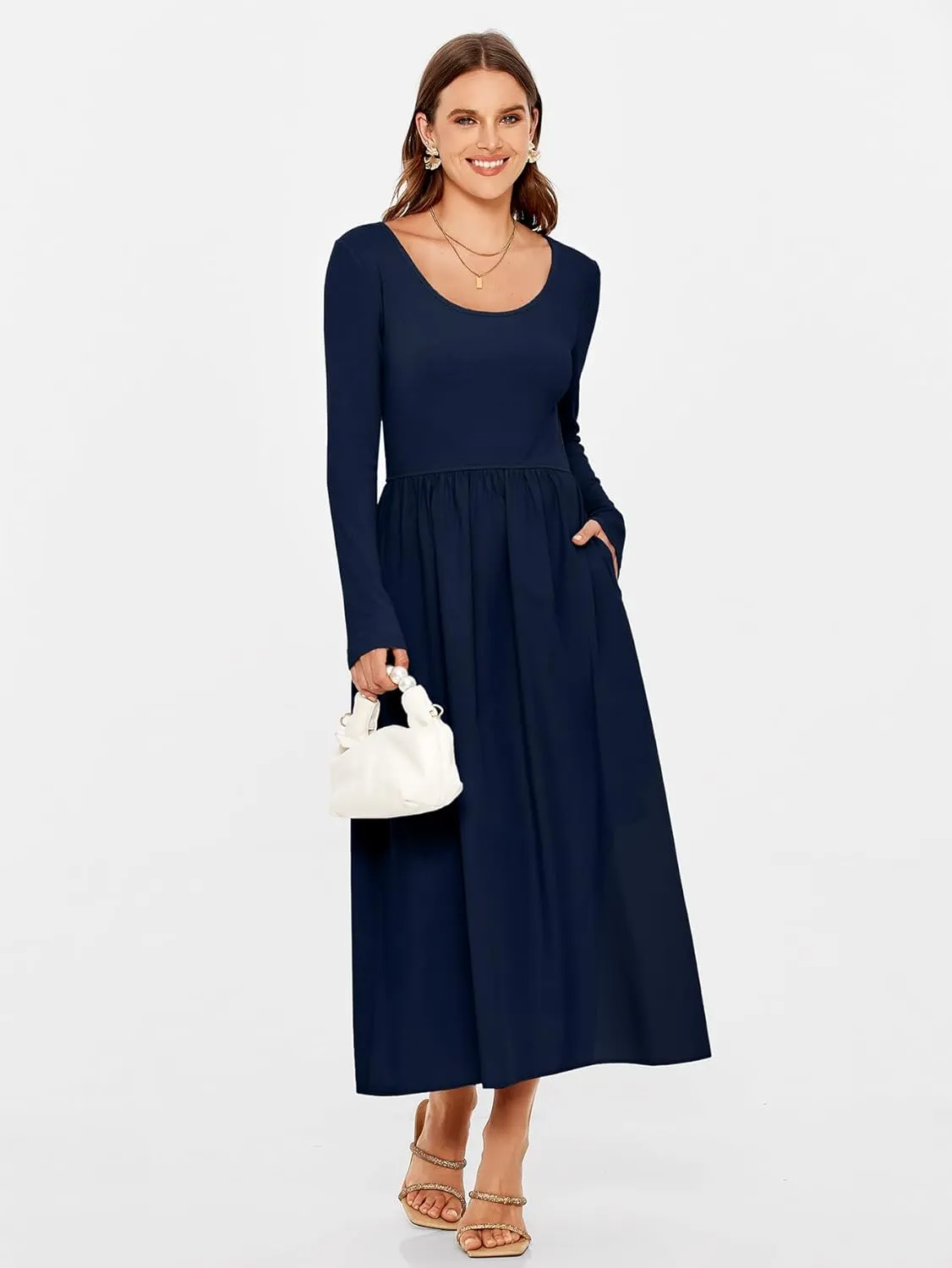 Glamaker Womens Long Sleeve Midi Dress 2025 Spring Wedding Guest Dress Casual HOCO A Line Holiday Dress with Pockets