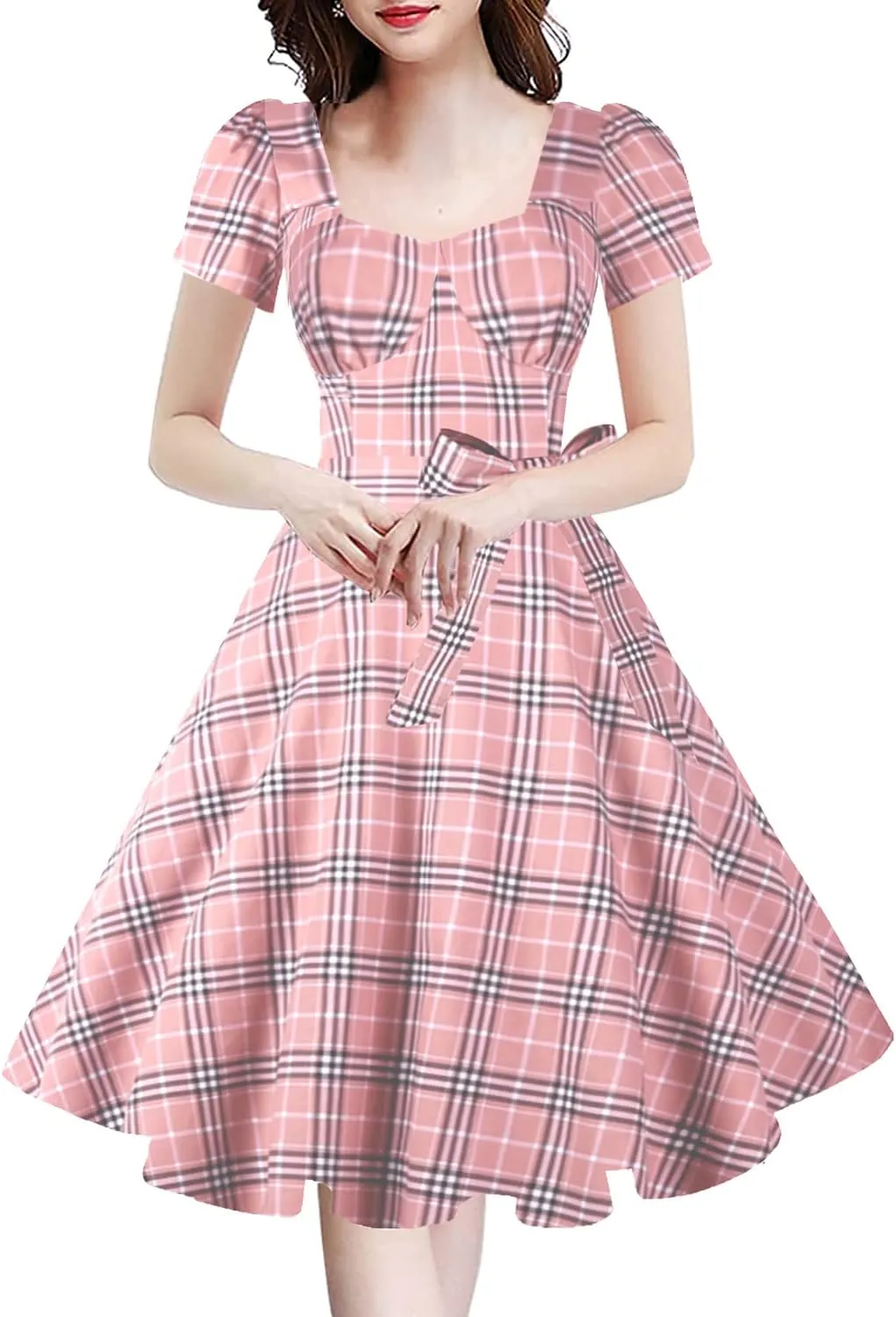 GOOBGS Women's 1950s Vintage Puff Sleeves Cocktail Rockabilly Swing Retro Dress with Pockets New