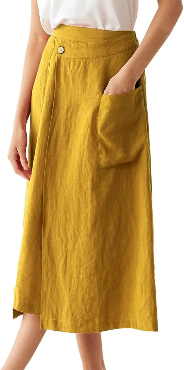 IDEALSANXUN Linen Skirts for Women Summer Casual Cotton A Line Elastic High Waisted Midi Skirts with Pockets