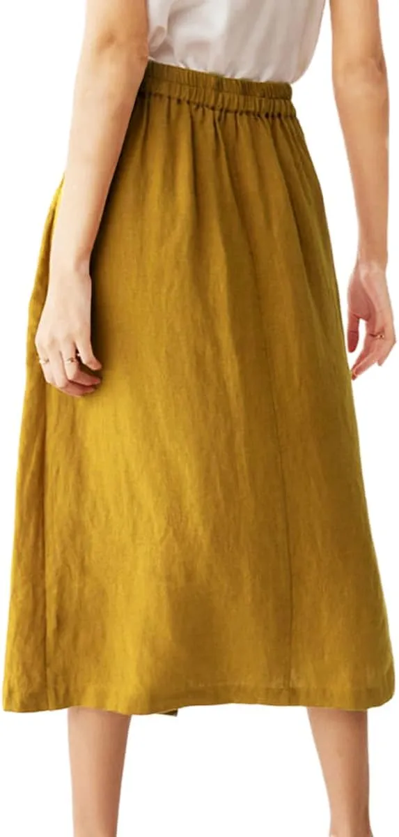 IDEALSANXUN Linen Skirts for Women Summer Casual Cotton A Line Elastic High Waisted Midi Skirts with Pockets