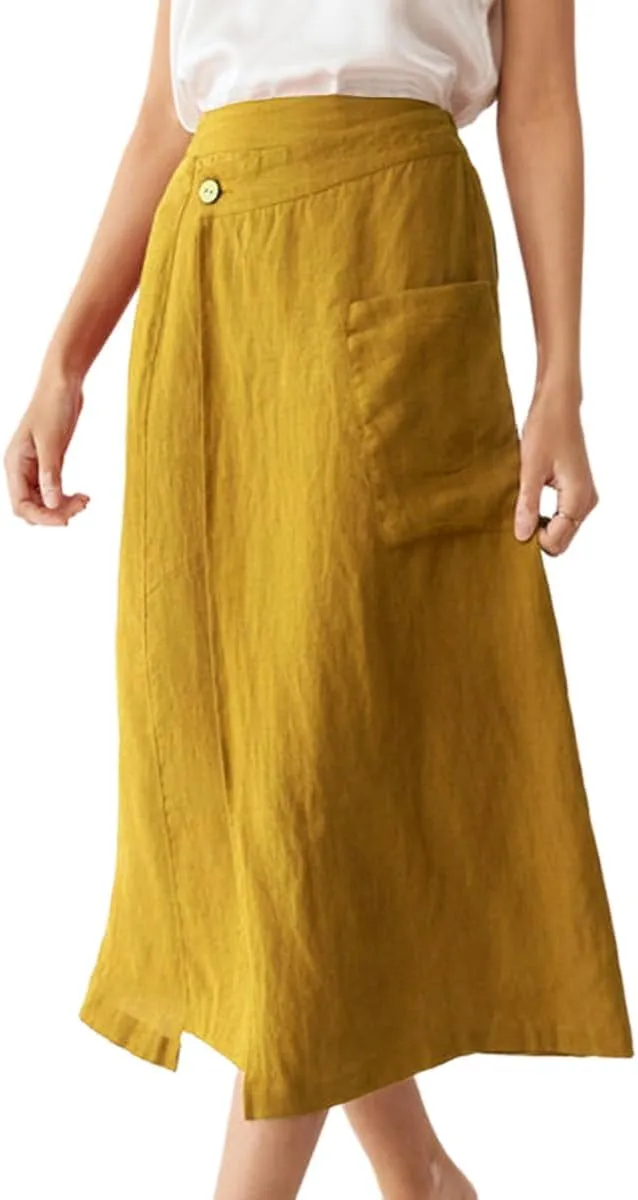 IDEALSANXUN Linen Skirts for Women Summer Casual Cotton A Line Elastic High Waisted Midi Skirts with Pockets