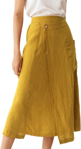IDEALSANXUN Linen Skirts for Women Summer Casual Cotton A Line Elastic High Waisted Midi Skirts with Pockets