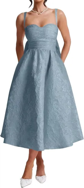 Jacquard Satin Prom Dresses Bow Back for Women Sweetheart Tea Length A Line Formal Party Gown
