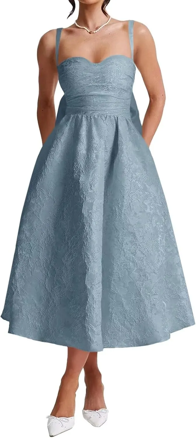 Jacquard Satin Prom Dresses Bow Back for Women Sweetheart Tea Length A Line Formal Party Gown