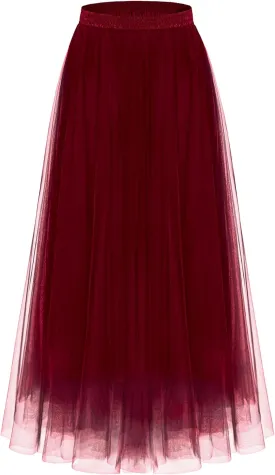 Kingfancy Women's Winter Skirts 2 Layered Tulle Tiered Long Skirts Elastic Waist A-Line Midi Skirts