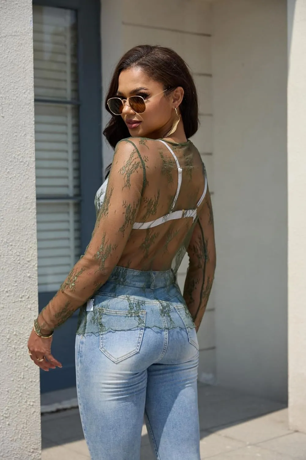 Lace Tops for Women Mesh Long Sleeve Top Crew Neck Sheer Blouse Sexy See Through Layering Shirts Outfits