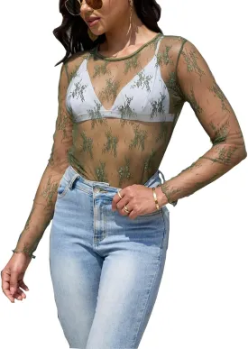 Lace Tops for Women Mesh Long Sleeve Top Crew Neck Sheer Blouse Sexy See Through Layering Shirts Outfits