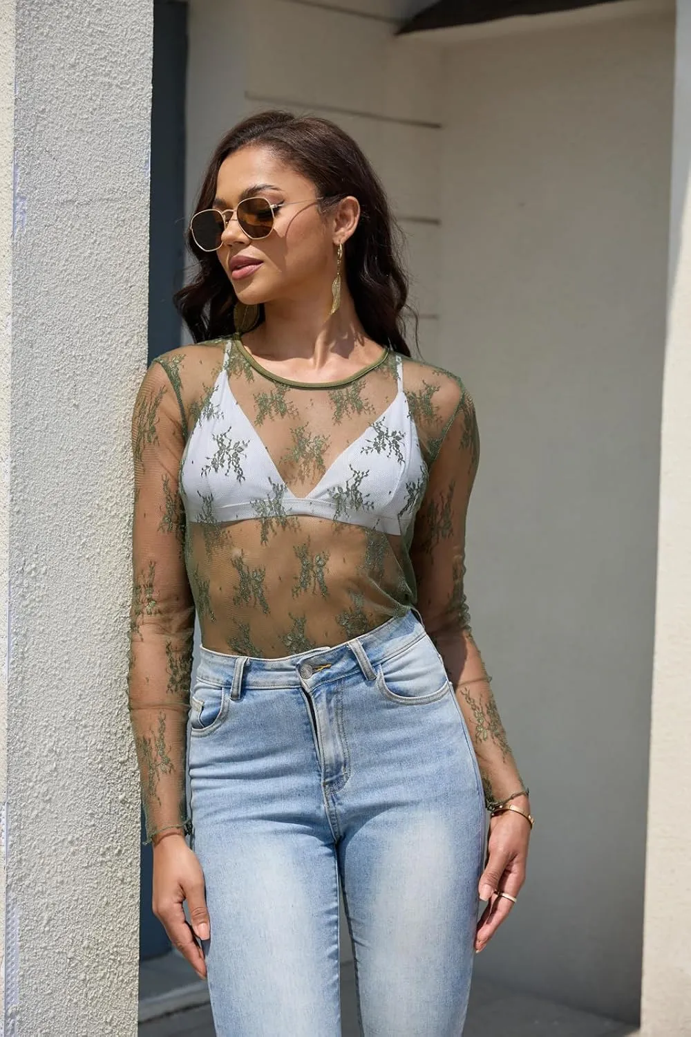 Lace Tops for Women Mesh Long Sleeve Top Crew Neck Sheer Blouse Sexy See Through Layering Shirts Outfits