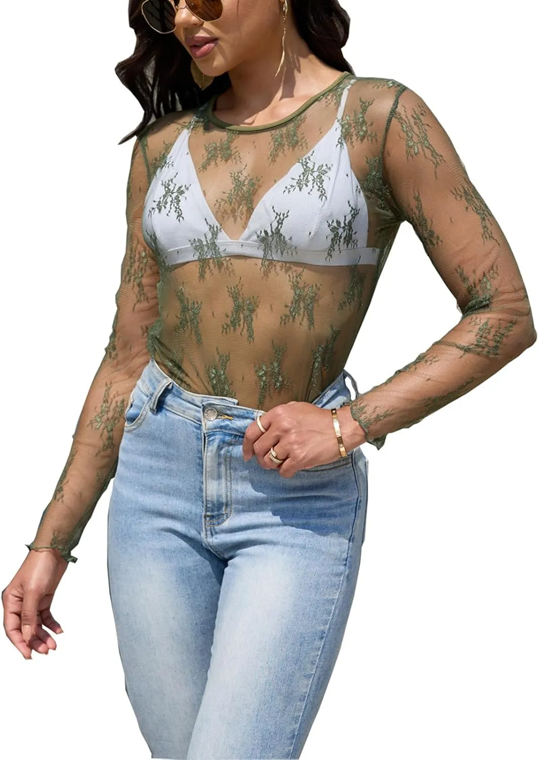 Lace Tops for Women Mesh Long Sleeve Top Crew Neck Sheer Blouse Sexy See Through Layering Shirts Outfits
