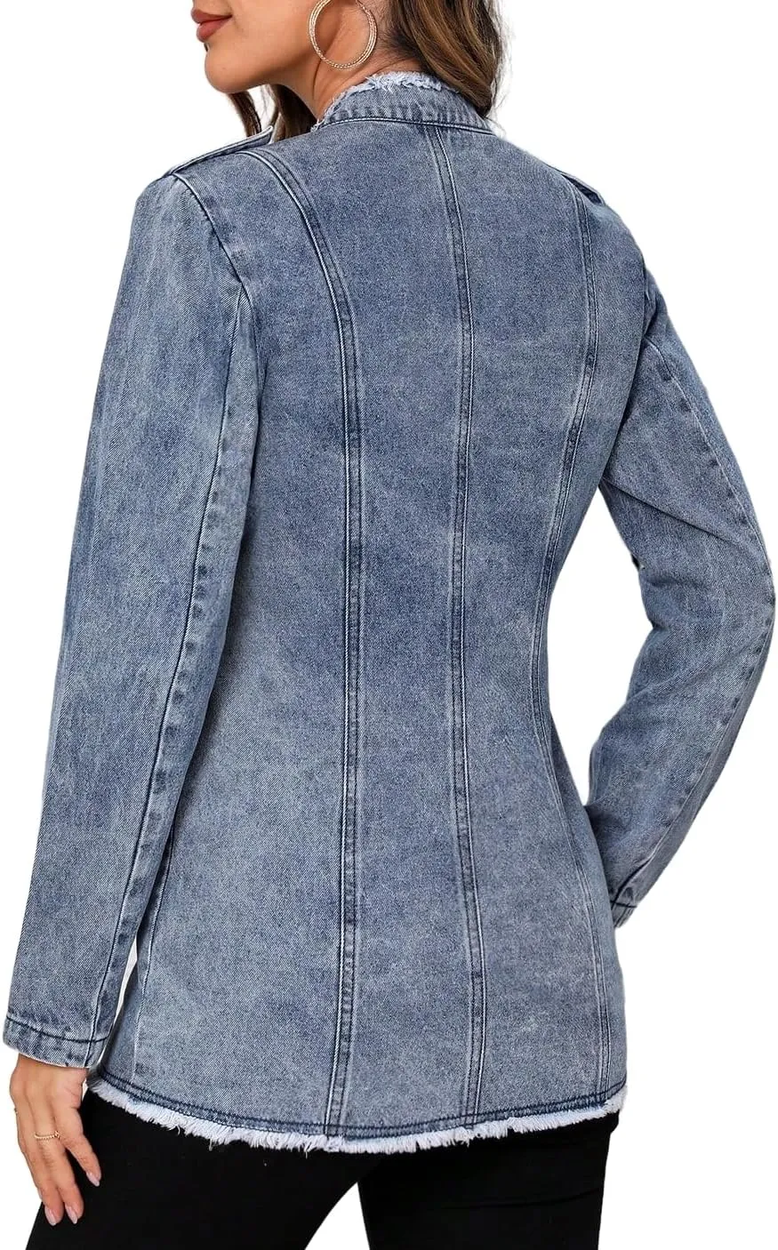 LifeShe Women's Denim Jacket Plus Size Double Breasted Button Raw Trim Jean Jackets Coat