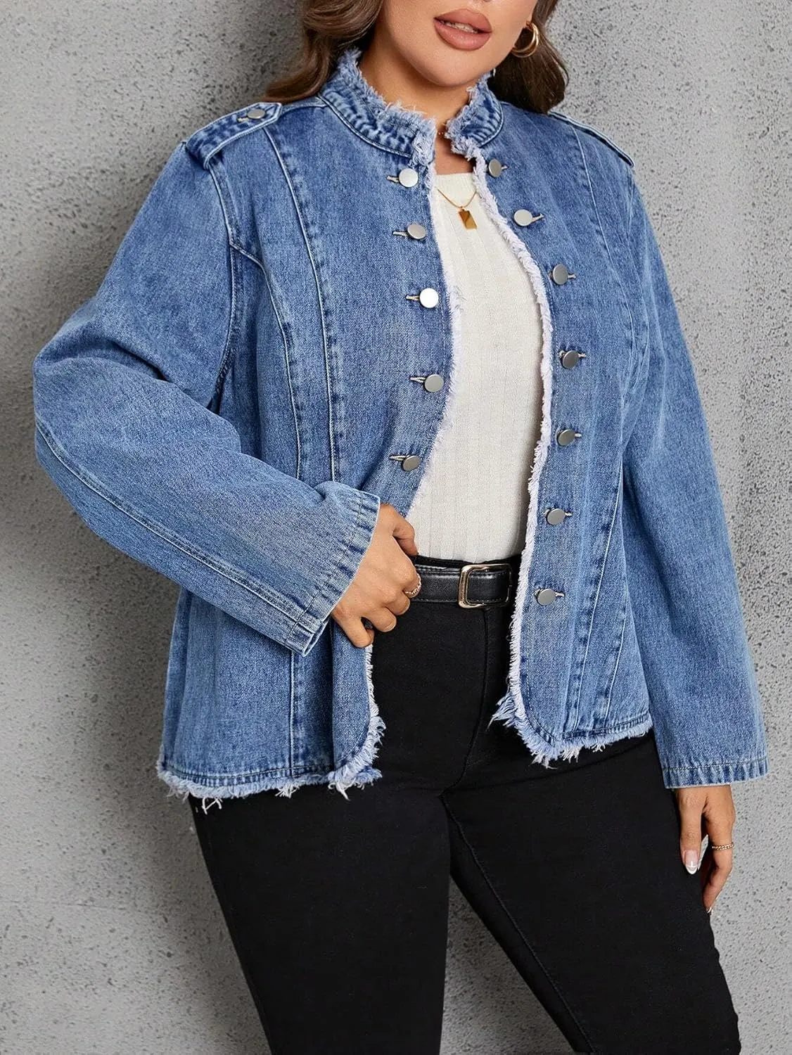LifeShe Women's Denim Jacket Plus Size Double Breasted Button Raw Trim Jean Jackets Coat