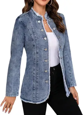 LifeShe Women's Denim Jacket Plus Size Double Breasted Button Raw Trim Jean Jackets Coat