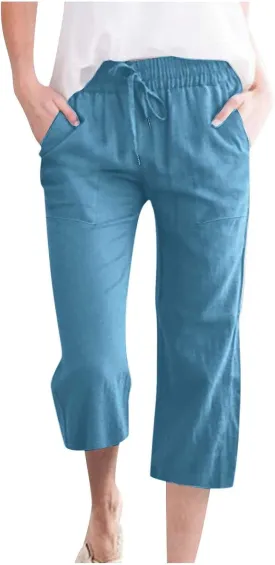 Linen Pants for Women Petite Short Loose Fitting Lightweight Joggers High Waisted Cropped Pants with Pockets