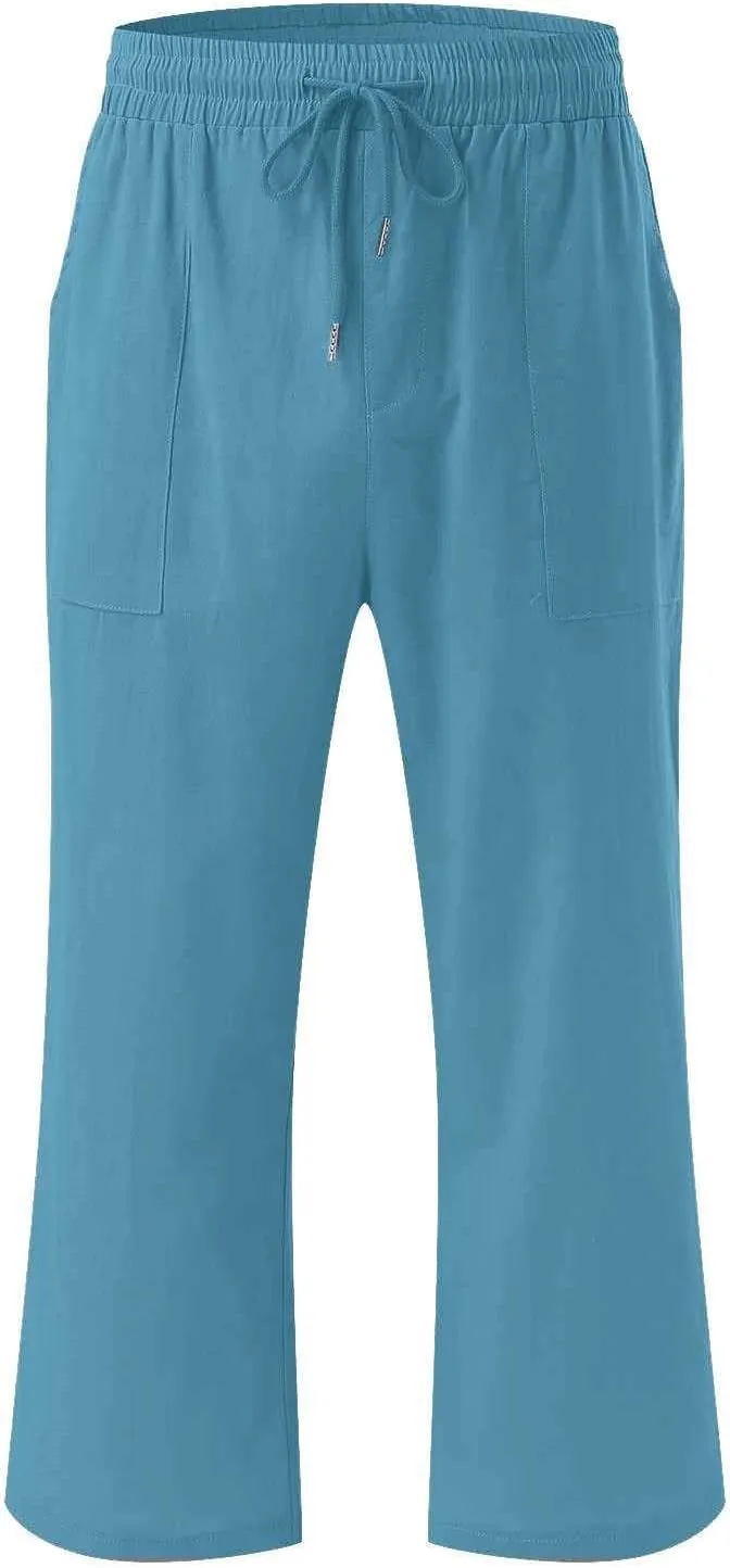 Linen Pants for Women Petite Short Loose Fitting Lightweight Joggers High Waisted Cropped Pants with Pockets
