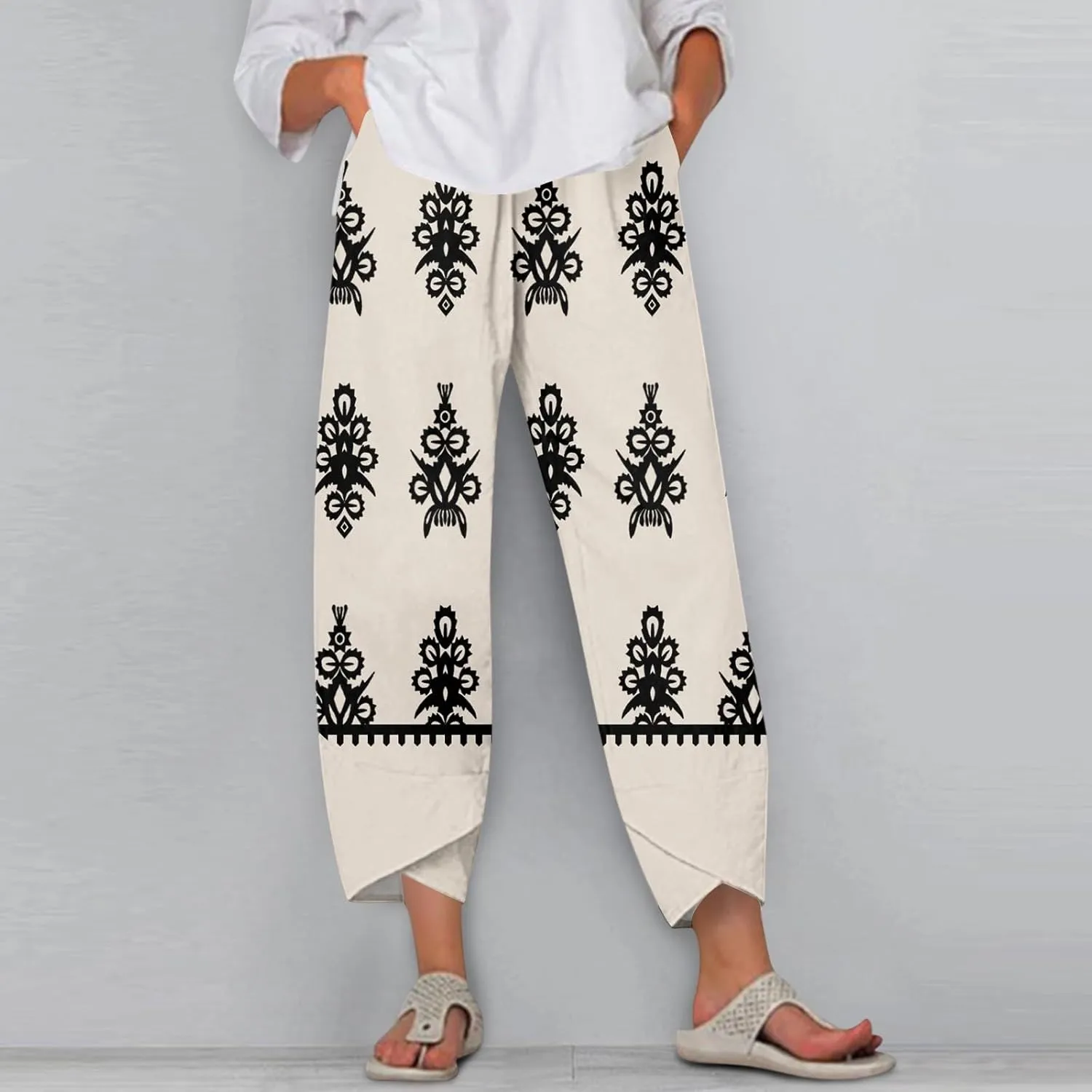 Linen Wide Leg Pants for Women Casual High Waist Summer Pants Floral Loose Fit Palazzo Lounge Beach Cropped Trousers