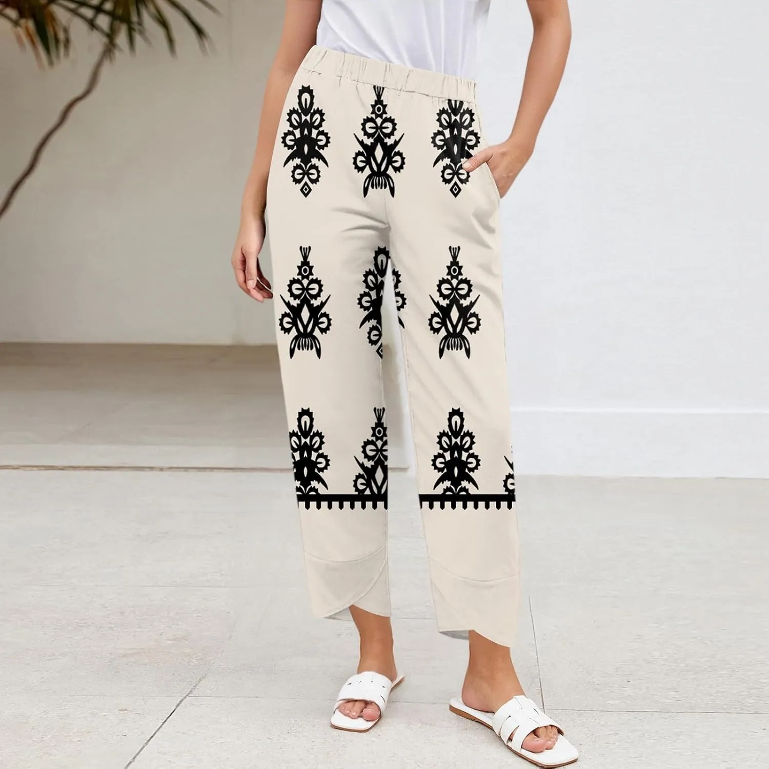 Linen Wide Leg Pants for Women Casual High Waist Summer Pants Floral Loose Fit Palazzo Lounge Beach Cropped Trousers