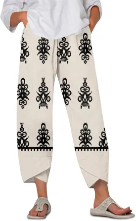Linen Wide Leg Pants for Women Casual High Waist Summer Pants Floral Loose Fit Palazzo Lounge Beach Cropped Trousers