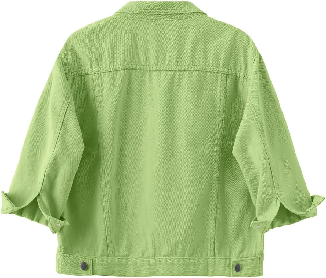 Locachy Womens 3/4 Sleeve Short Denim Jacket Lapel Button Down Cropped Trucker Jean Jackets Coats
