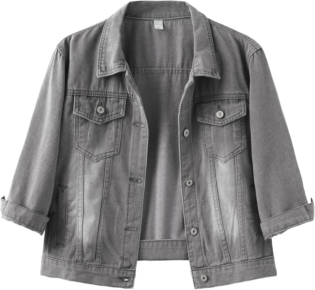 Locachy Womens 3/4 Sleeve Short Denim Jacket Lapel Button Down Cropped Trucker Jean Jackets Coats