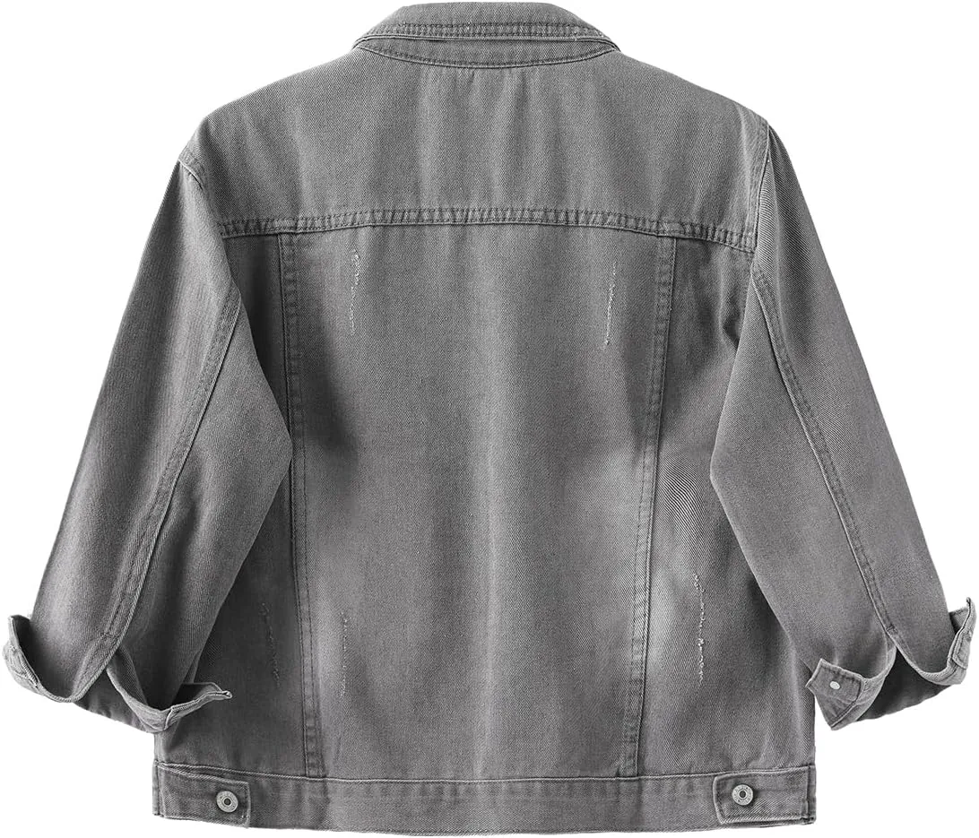 Locachy Womens 3/4 Sleeve Short Denim Jacket Lapel Button Down Cropped Trucker Jean Jackets Coats