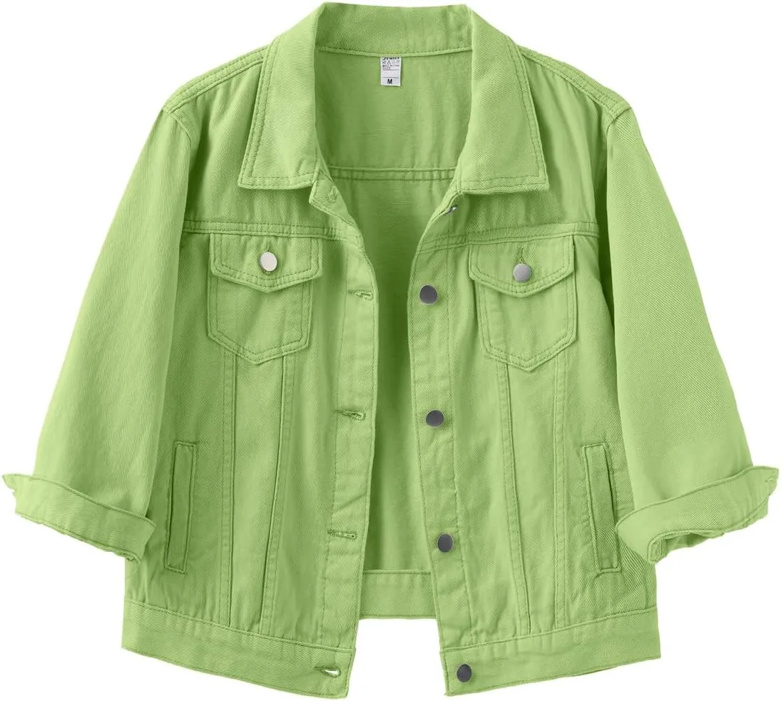 Locachy Womens 3/4 Sleeve Short Denim Jacket Lapel Button Down Cropped Trucker Jean Jackets Coats