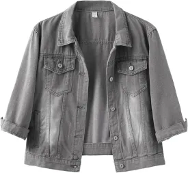 Locachy Womens 3/4 Sleeve Short Denim Jacket Lapel Button Down Cropped Trucker Jean Jackets Coats