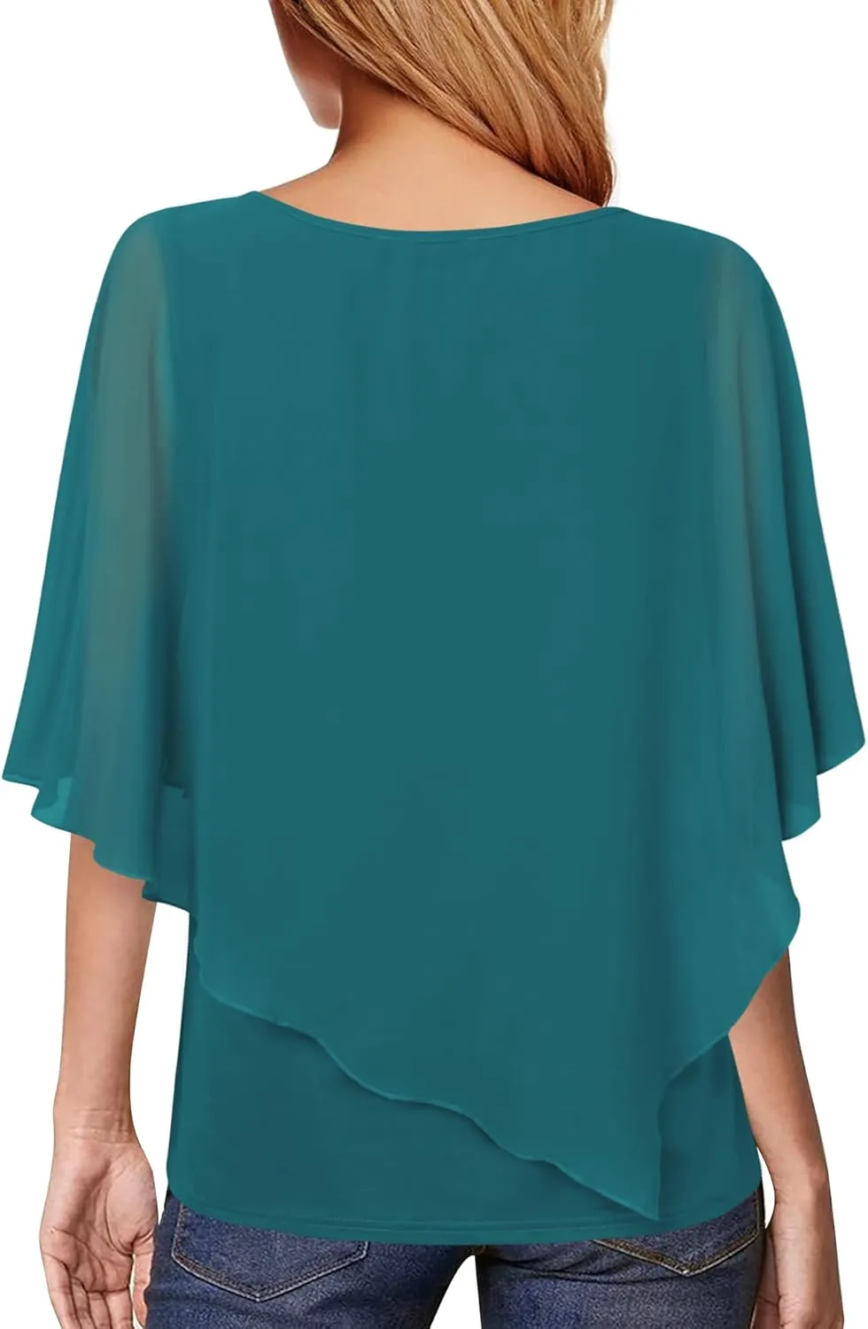 Lotusmile Women's Lightweight Flowy Shirt Double-Layered Printed Chiffon Poncho Blouse Top