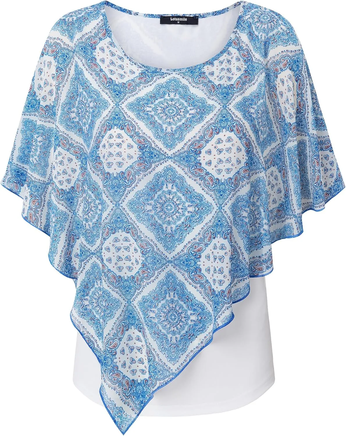 Lotusmile Women's Lightweight Flowy Shirt Double-Layered Printed Chiffon Poncho Blouse Top