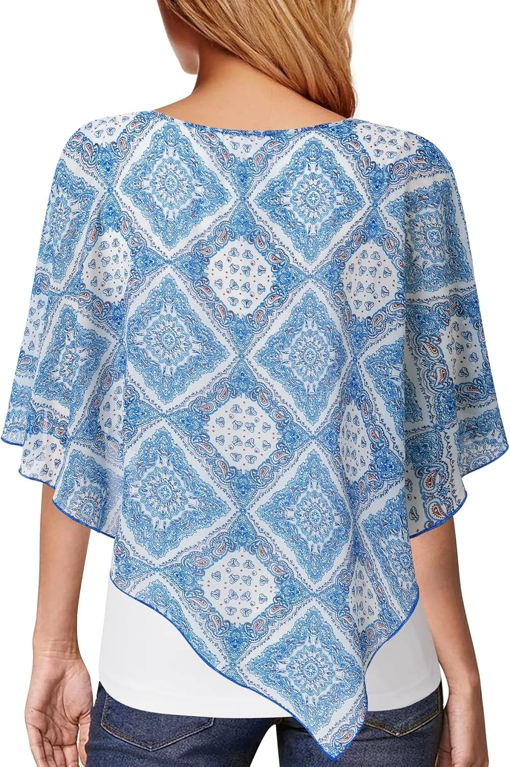 Lotusmile Women's Lightweight Flowy Shirt Double-Layered Printed Chiffon Poncho Blouse Top