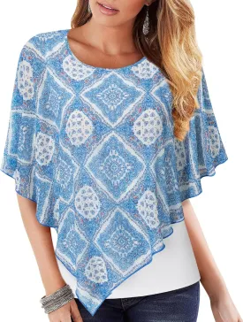 Lotusmile Women's Lightweight Flowy Shirt Double-Layered Printed Chiffon Poncho Blouse Top