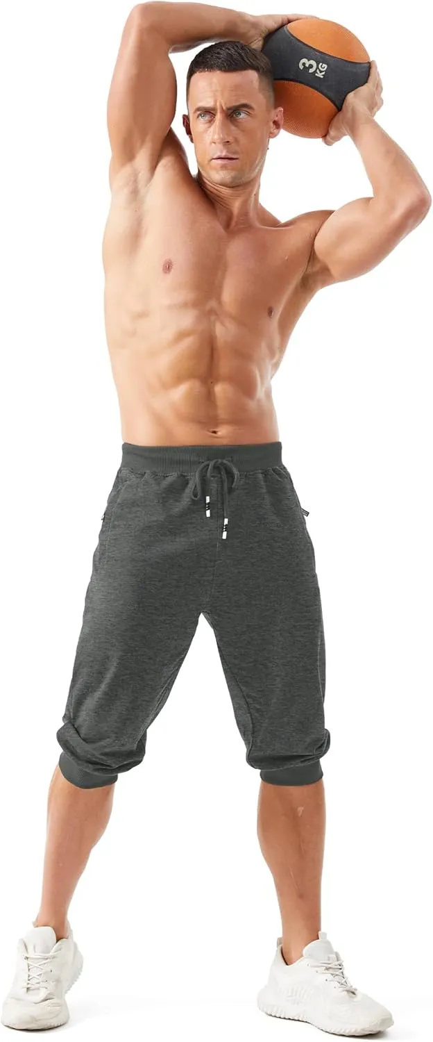 MAGCOMSEN Men's 3/4 Joggers Capri Pants with Zipper Pockets Slim Fit Training Running Workout Capri Joggers