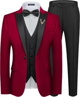 MAGE MALE Mens Velvet Suits Slim Fit Peak Lapel Tuxedo 3 Piece One Button Prom Party Banquet Blazer Vest Pants Set