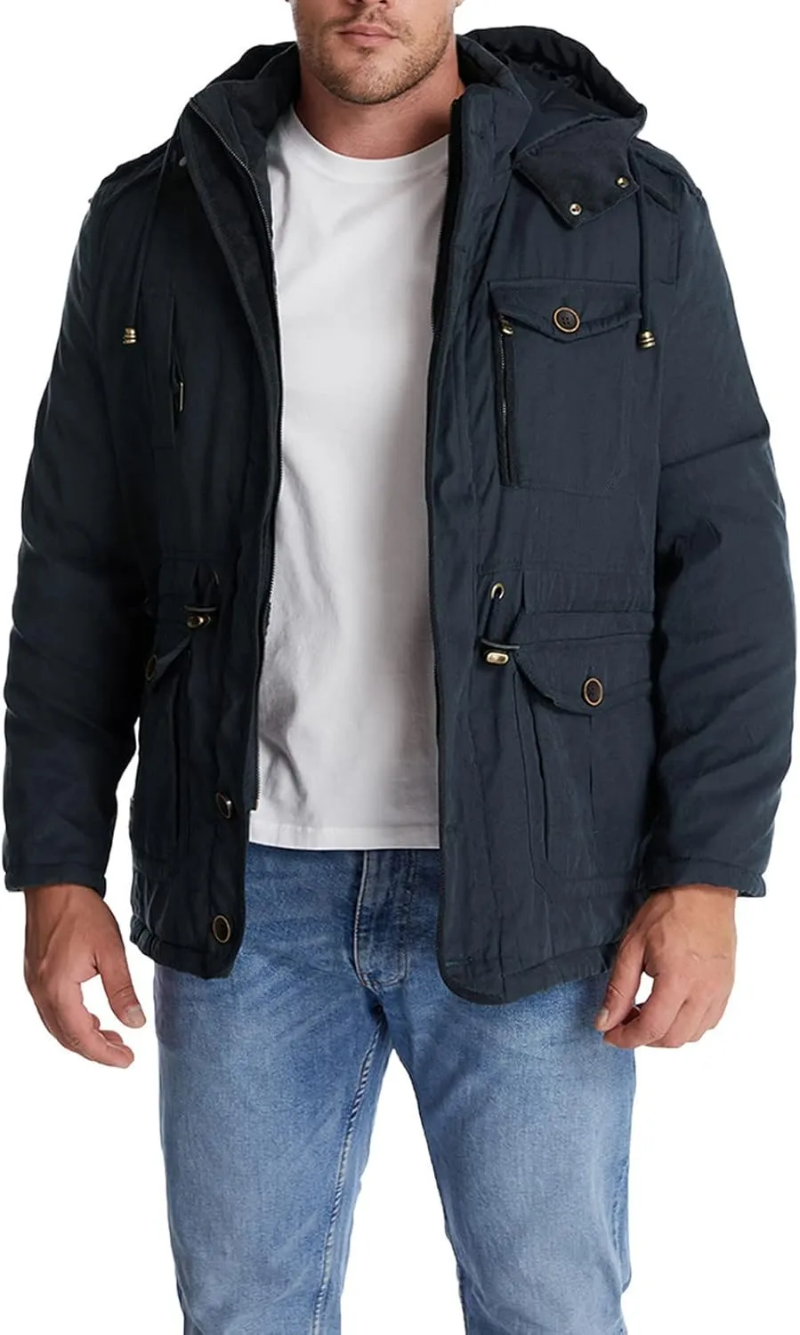 Men's Cargo Jacket 2024 Winter Warm Coats Fleece Lined Jackets with Removable Hood Ski Snow Mountain Windproof Overcoat
