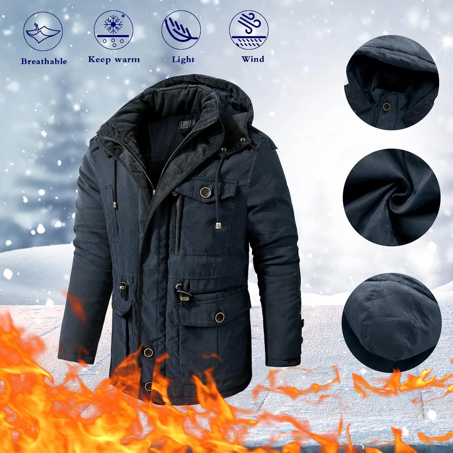Men's Cargo Jacket 2024 Winter Warm Coats Fleece Lined Jackets with Removable Hood Ski Snow Mountain Windproof Overcoat