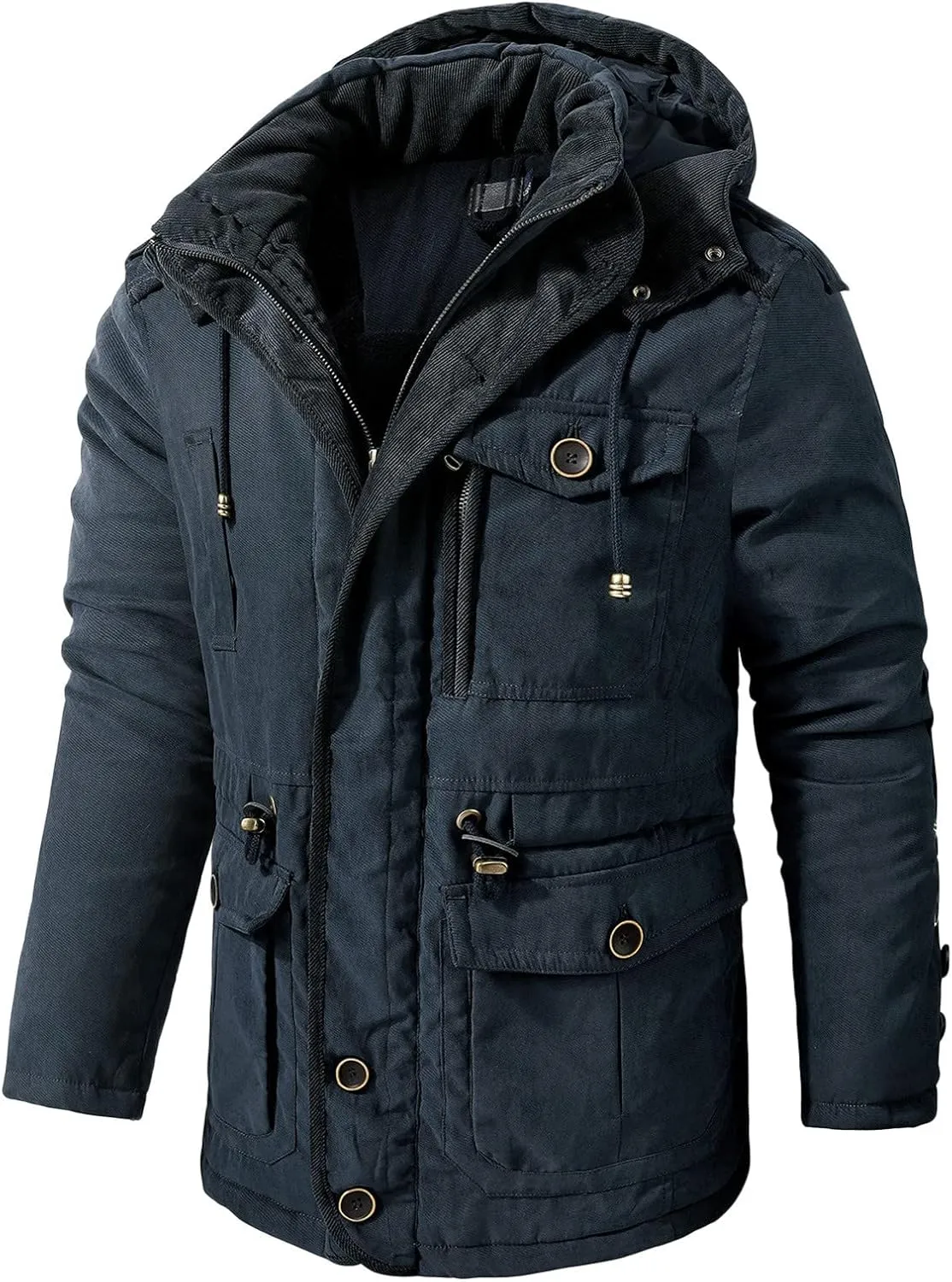 Men's Cargo Jacket 2024 Winter Warm Coats Fleece Lined Jackets with Removable Hood Ski Snow Mountain Windproof Overcoat
