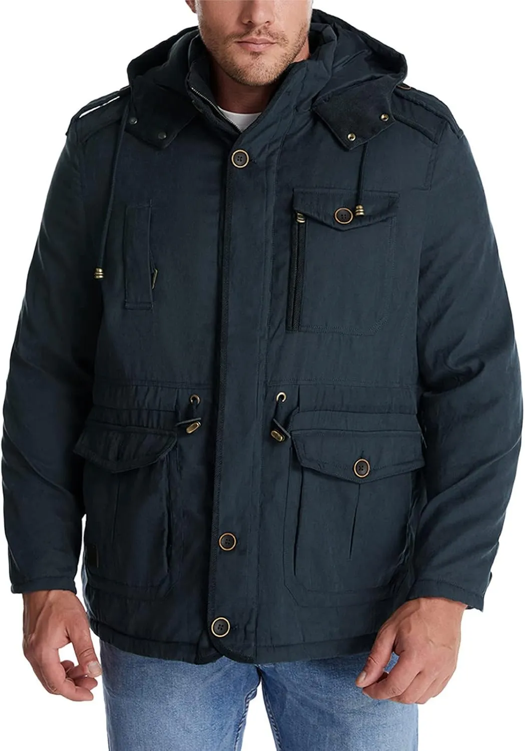 Men's Cargo Jacket 2024 Winter Warm Coats Fleece Lined Jackets with Removable Hood Ski Snow Mountain Windproof Overcoat