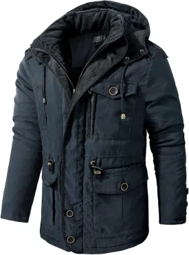 Men's Cargo Jacket 2024 Winter Warm Coats Fleece Lined Jackets with Removable Hood Ski Snow Mountain Windproof Overcoat