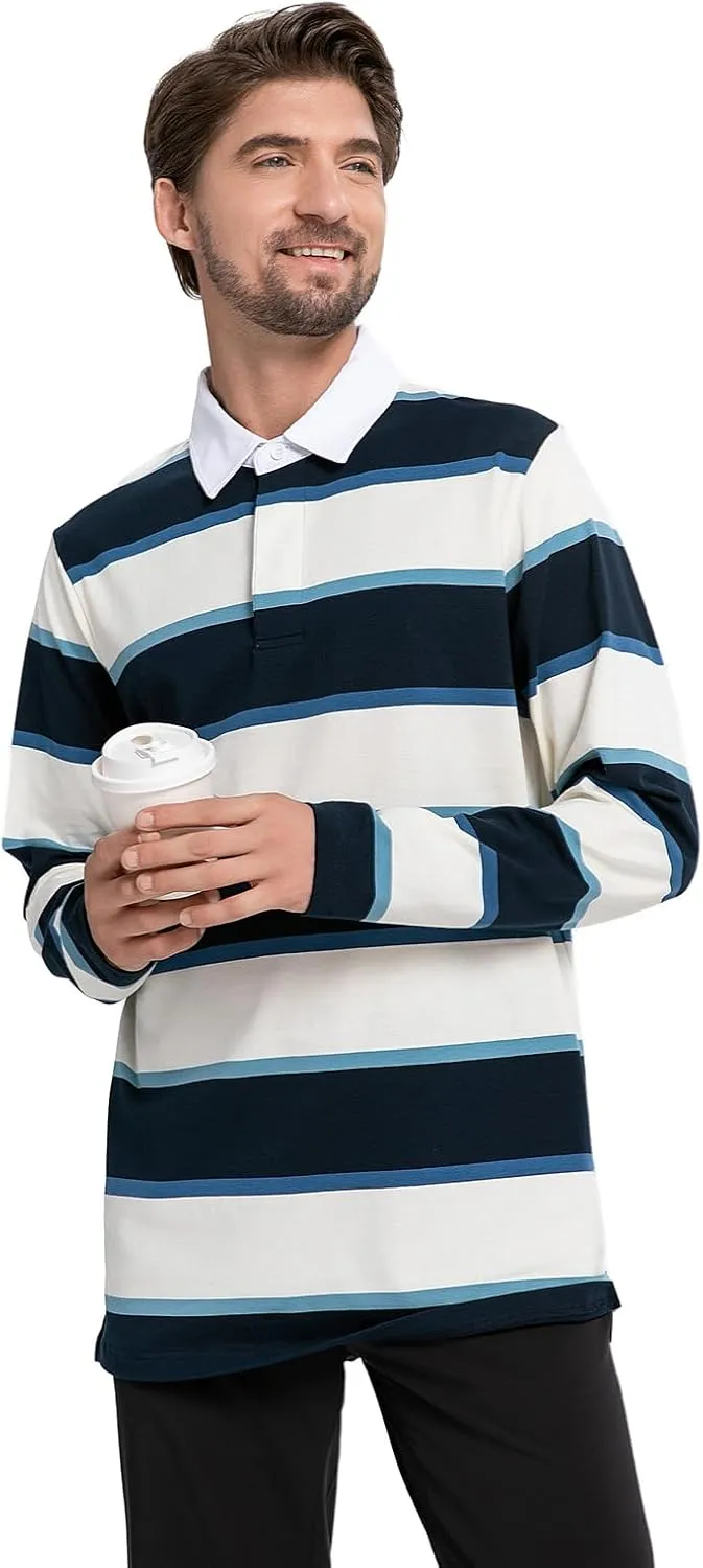 Mens Polo Shirts Striped Cotton Moisture Wicking Classic Collared Casual Golf Shirts for Men