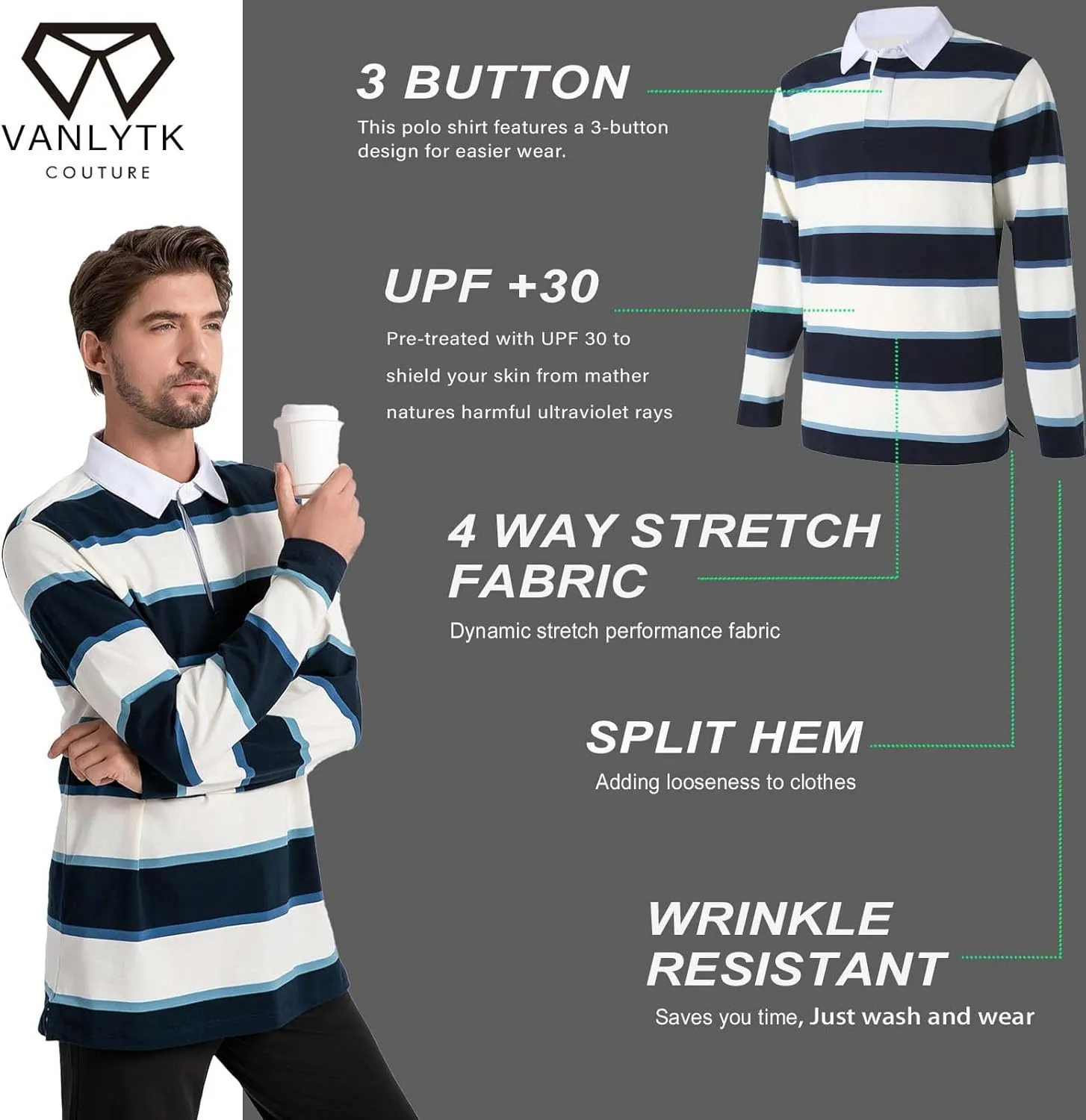 Mens Polo Shirts Striped Cotton Moisture Wicking Classic Collared Casual Golf Shirts for Men