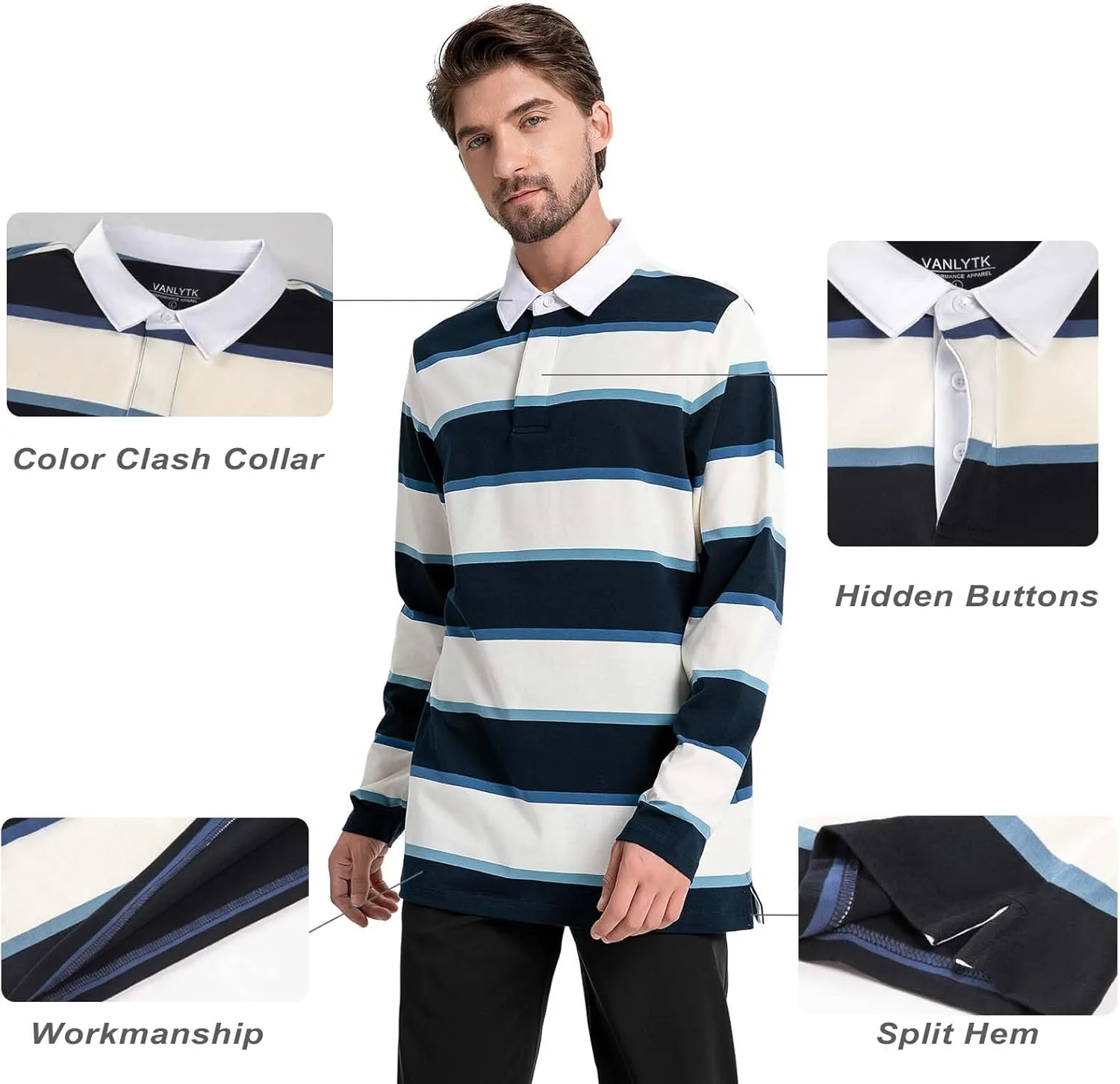 Mens Polo Shirts Striped Cotton Moisture Wicking Classic Collared Casual Golf Shirts for Men
