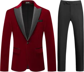 Mens Velvet Suits 2 Piece Slim Fit for Men Tuxedo Blazer Peaked Lapel One Button Wedding Dinner Jacket & Pants Suits