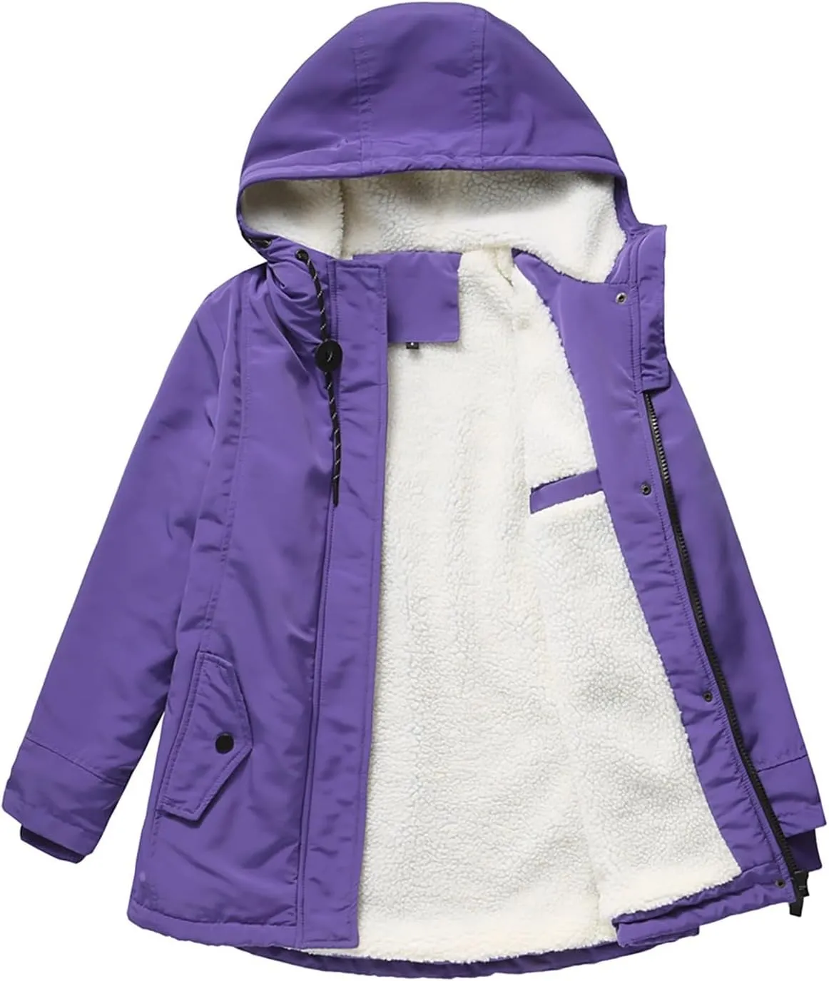Miyaomn Winter Thick Fleece Lined Rain Jacket for Women Outdoor Hiking Soft Warm Hooded Trench Coat Pockets Hoodies Outerwear
