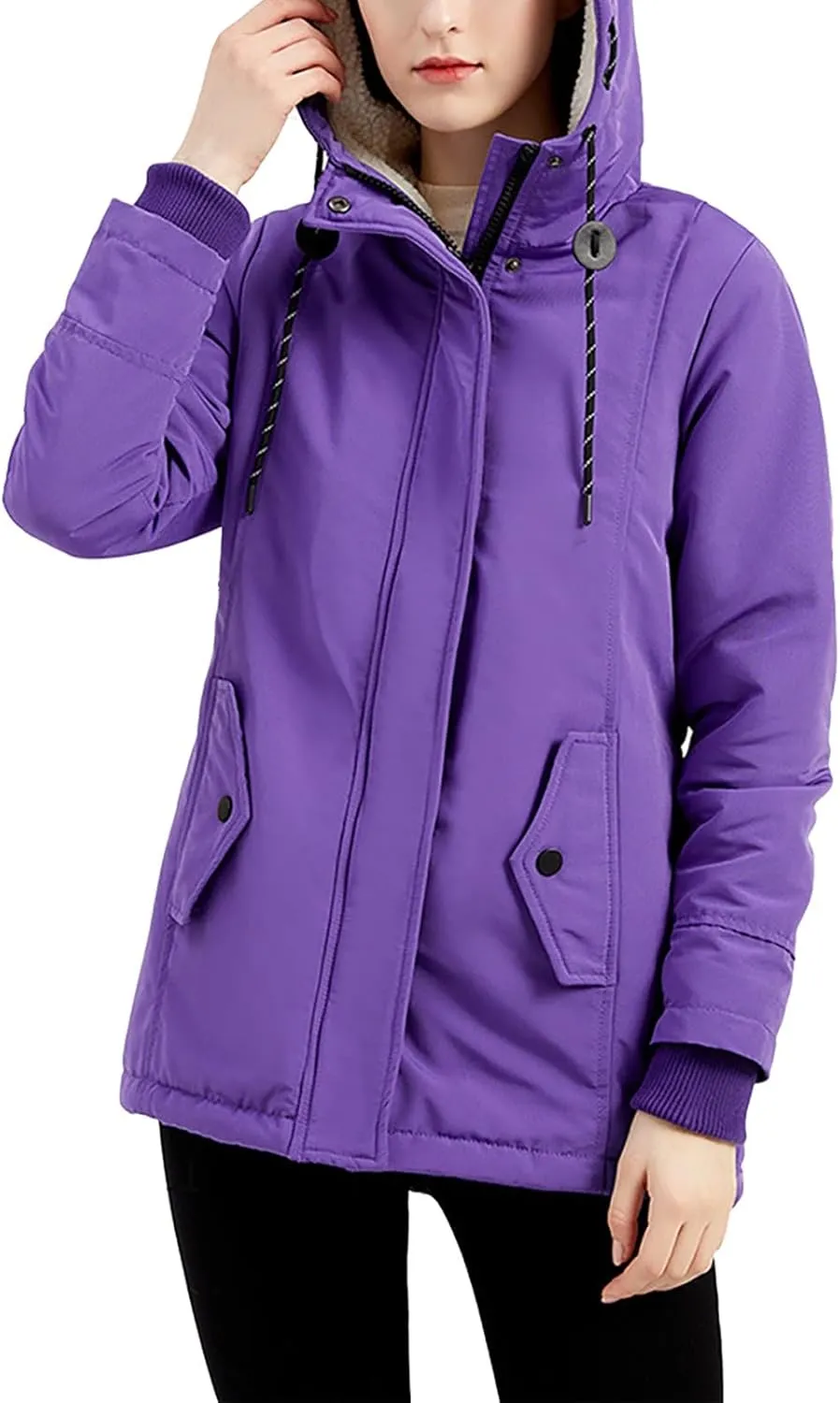 Miyaomn Winter Thick Fleece Lined Rain Jacket for Women Outdoor Hiking Soft Warm Hooded Trench Coat Pockets Hoodies Outerwear