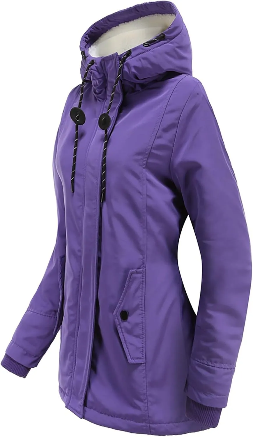 Miyaomn Winter Thick Fleece Lined Rain Jacket for Women Outdoor Hiking Soft Warm Hooded Trench Coat Pockets Hoodies Outerwear