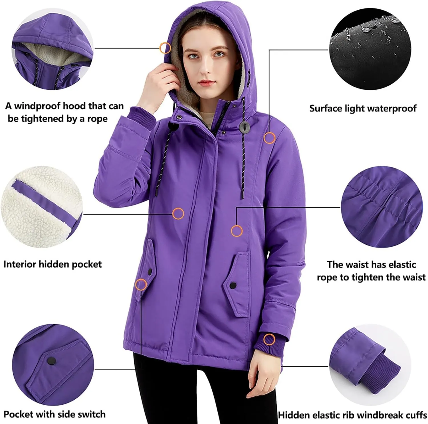 Miyaomn Winter Thick Fleece Lined Rain Jacket for Women Outdoor Hiking Soft Warm Hooded Trench Coat Pockets Hoodies Outerwear