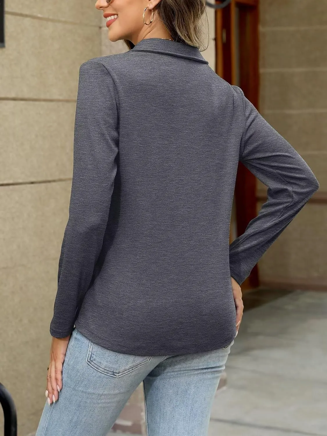 ORANDESIGNE Women's Long Sleeve Polo Shirts Casual Color Block V Neck Tops Fall Collar Ladies Tunics Tees