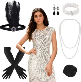 PLULON 1920s Dresses for Women, Sequin Fringed Gatsby Flapper Cocktail Dresses with 20s Accessories Set, Roaring 20s Costumes