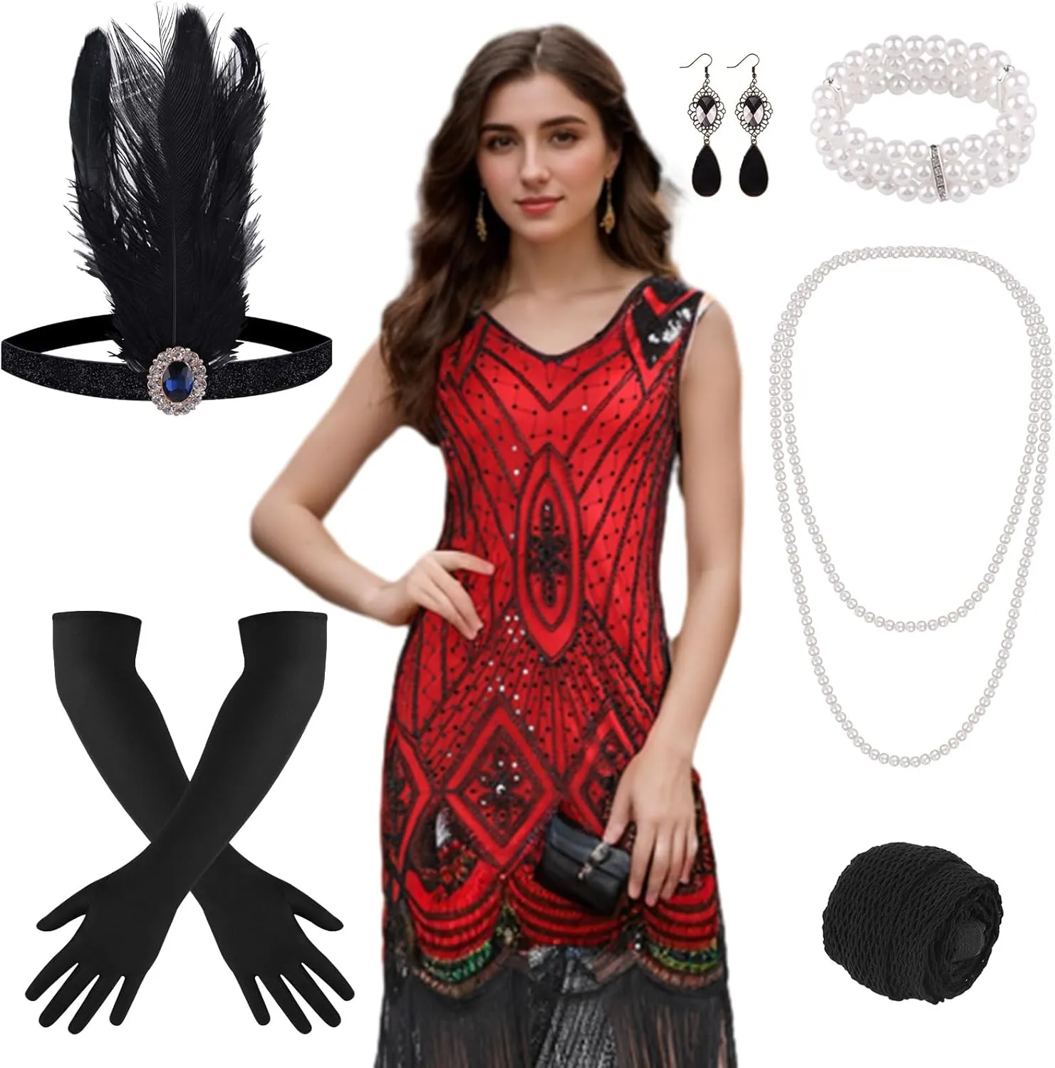 PLULON 1920s Dresses for Women, Sequin Fringed Gatsby Flapper Cocktail Dresses with 20s Accessories Set, Roaring 20s Costumes